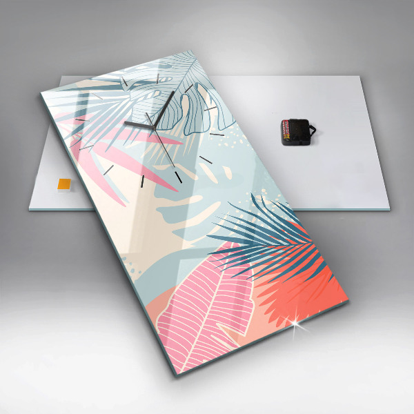 Zegar szklany pionowy Pastelowe liście – tropiki