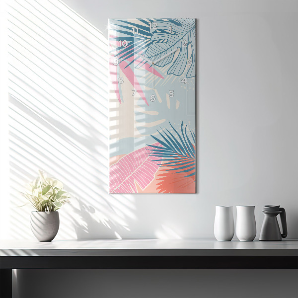 Zegar szklany pionowy Pastelowe liście – tropiki