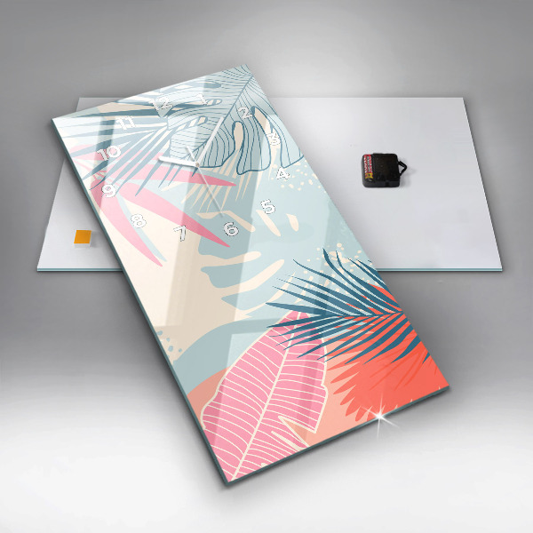 Zegar szklany pionowy Pastelowe liście – tropiki