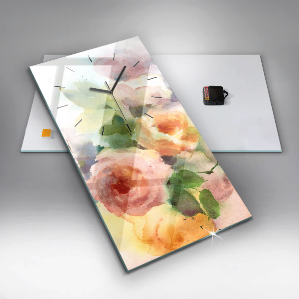 Zegar szklany pionowy Róże w wazonie akwarela