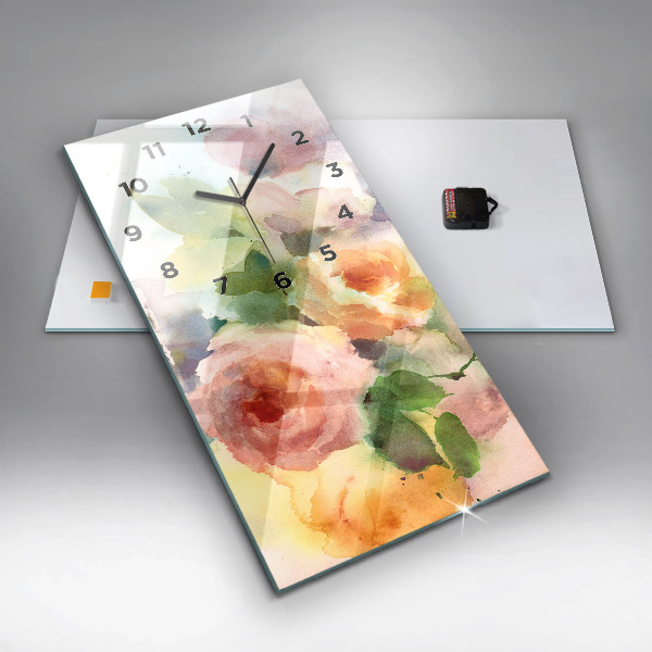Zegar szklany pionowy Róże w wazonie akwarela