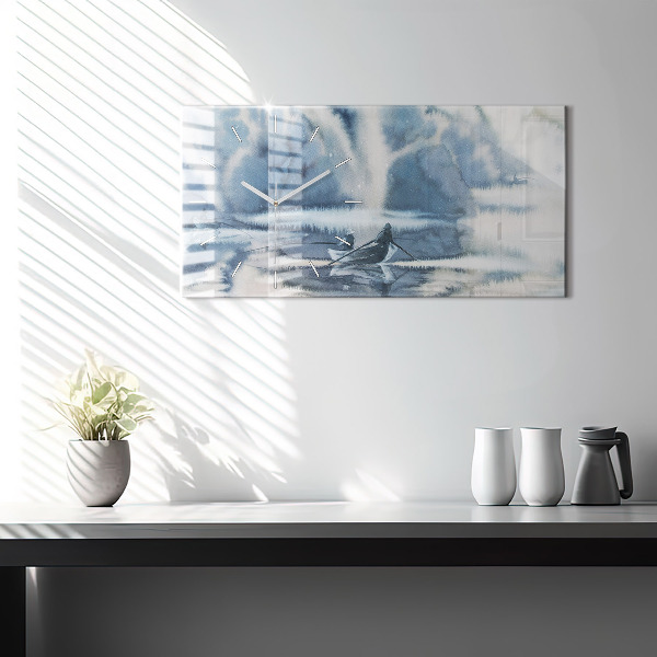 Zegar ścienny poziomy Zimowe jezioro Łódka