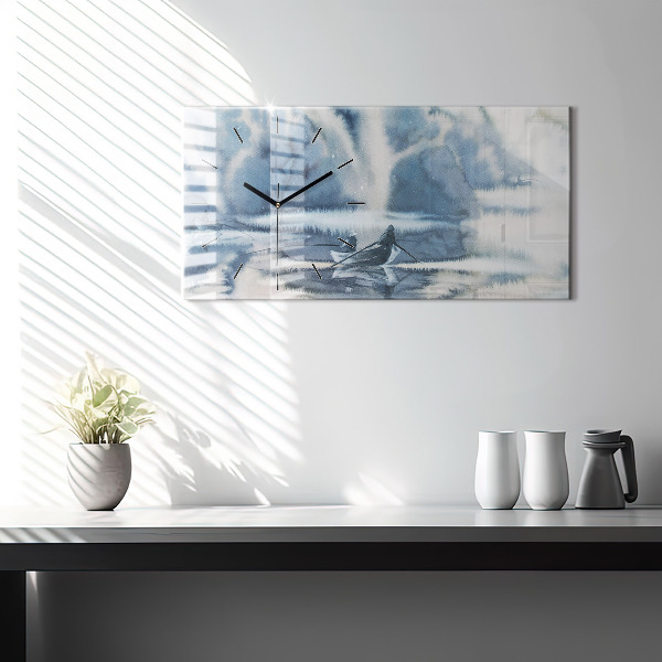 Zegar ścienny poziomy Zimowe jezioro Łódka