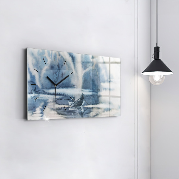 Zegar ścienny poziomy Zimowe jezioro Łódka