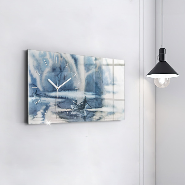 Zegar ścienny poziomy Zimowe jezioro Łódka