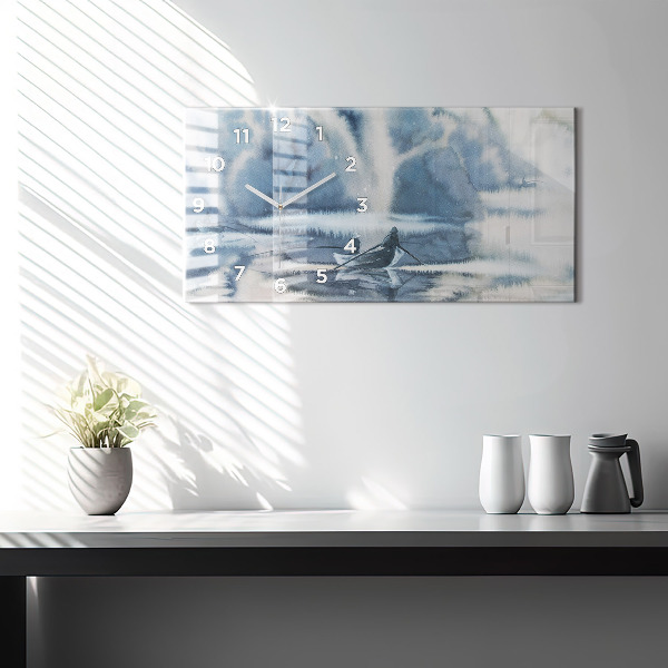 Zegar ścienny poziomy Zimowe jezioro Łódka