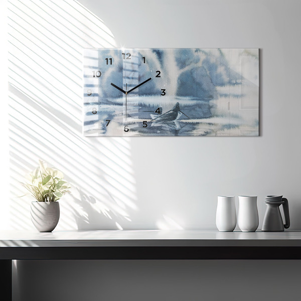 Zegar ścienny poziomy Zimowe jezioro Łódka