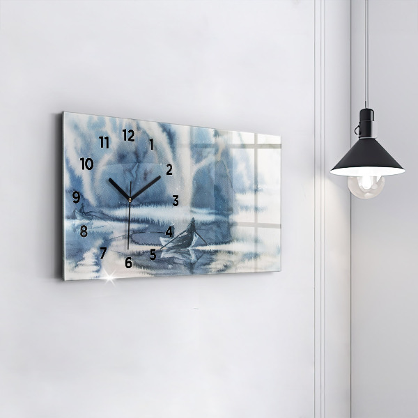 Zegar ścienny poziomy Zimowe jezioro Łódka