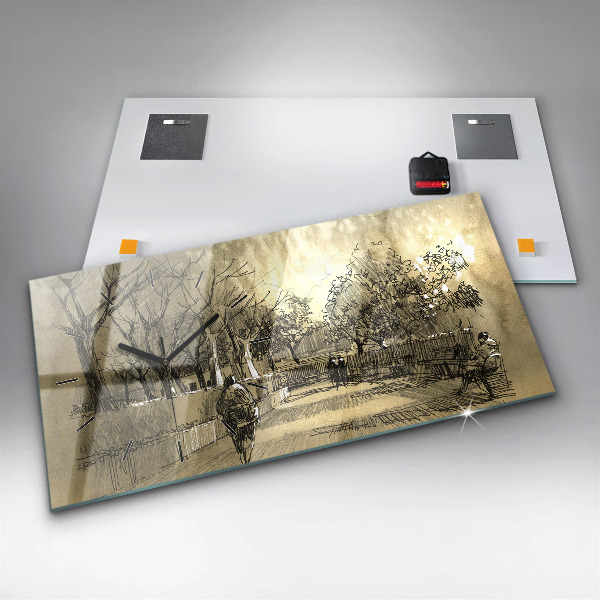 Zegar ścienny poziomy Park i drzewa w sepii