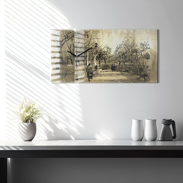 Zegar ścienny poziomy Park i drzewa w sepii