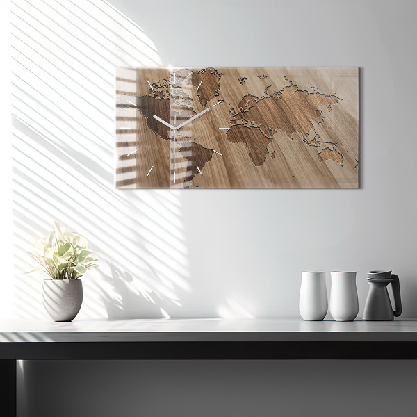 Zegar szklany poziomy Mapa świata na drewnie