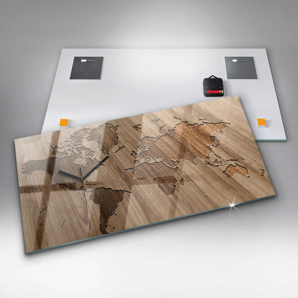 Zegar szklany poziomy Mapa świata na drewnie