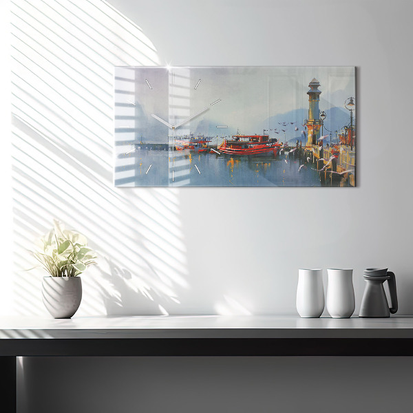 Zegar szklany poziomy Łódź rybacka w porcie