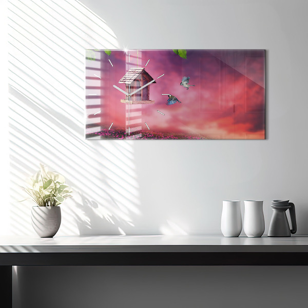 Zegar szklany poziomy Domek dla ptaszków