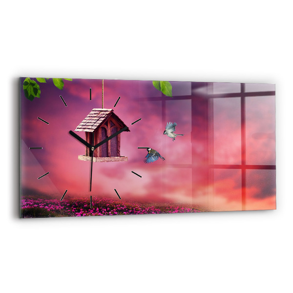 Zegar szklany poziomy Domek dla ptaszków