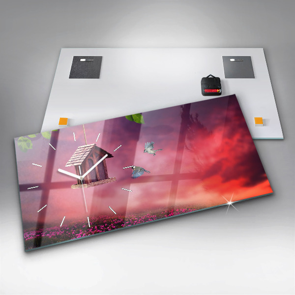 Zegar szklany poziomy Domek dla ptaszków