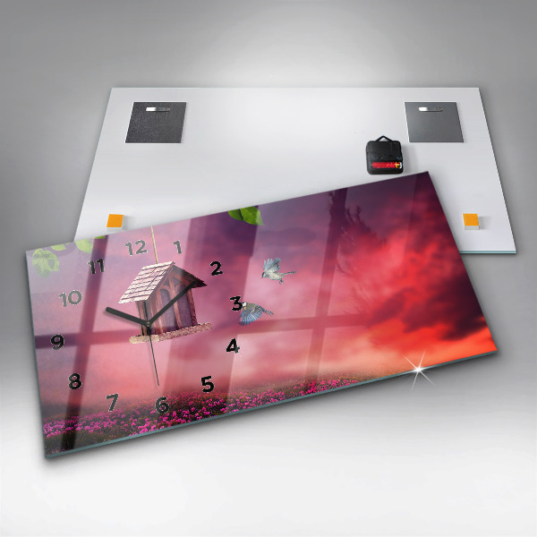 Zegar szklany poziomy Domek dla ptaszków