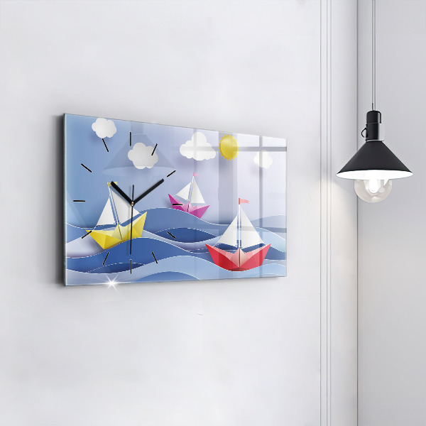 Zegar szklany poziomy Origami kolorowe żaglówki