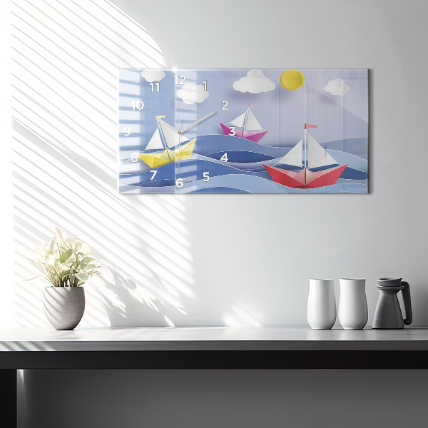 Zegar szklany poziomy Origami kolorowe żaglówki