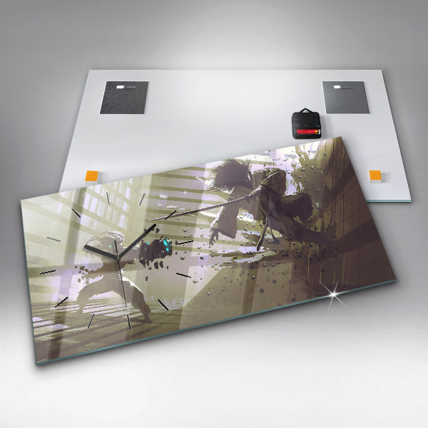 Zegar szklany poziomy Walka robota i samuraja