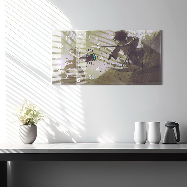 Zegar szklany poziomy Walka robota i samuraja