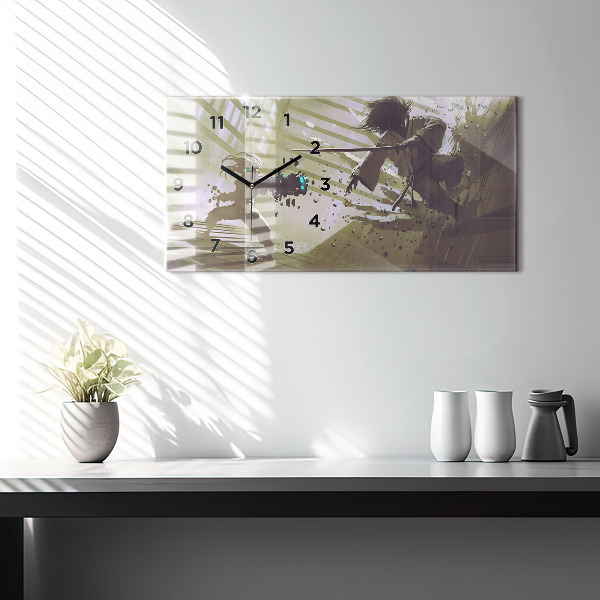 Zegar szklany poziomy Walka robota i samuraja