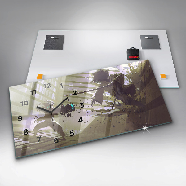 Zegar szklany poziomy Walka robota i samuraja