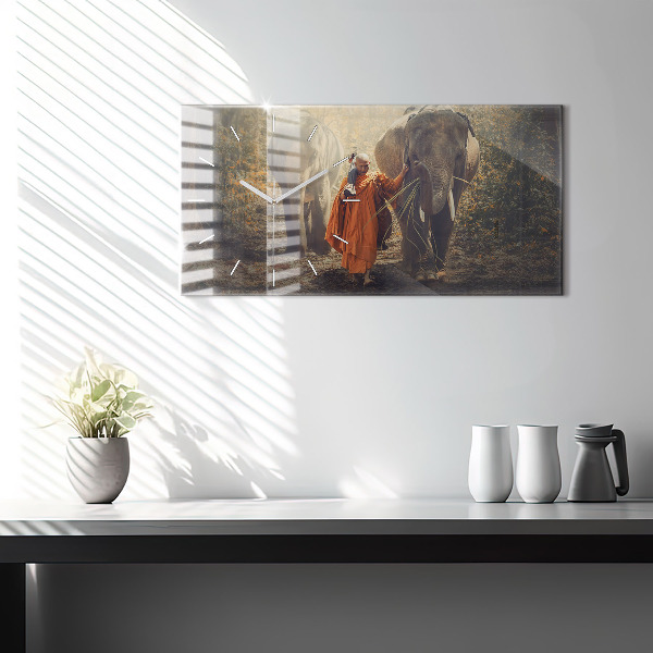 Zegar poziomy Mnich prowadzący słonie