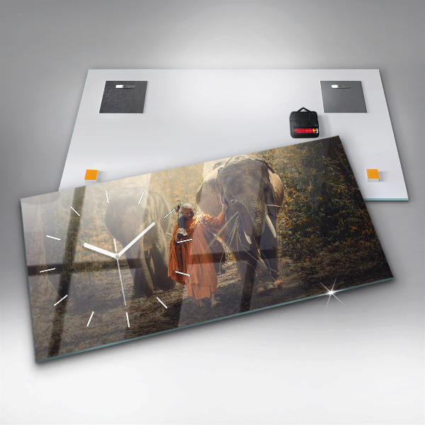 Zegar poziomy Mnich prowadzący słonie