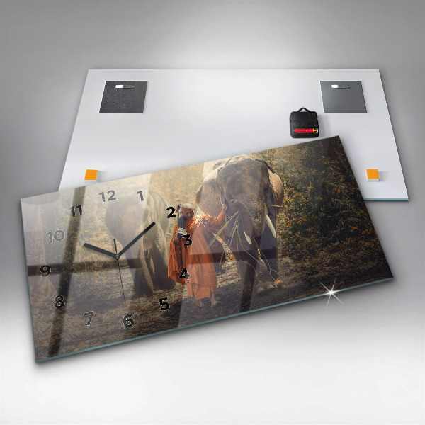 Zegar poziomy Mnich prowadzący słonie