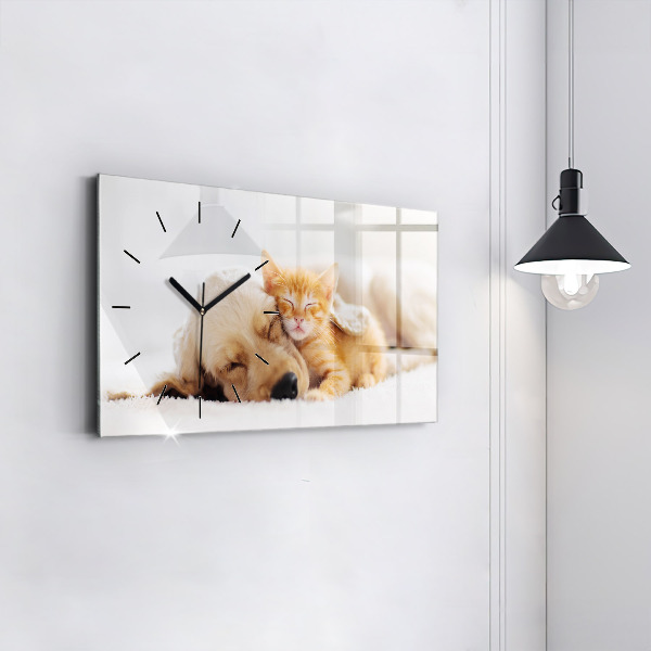 Zegar szklany poziomy Śpiący kot i pies
