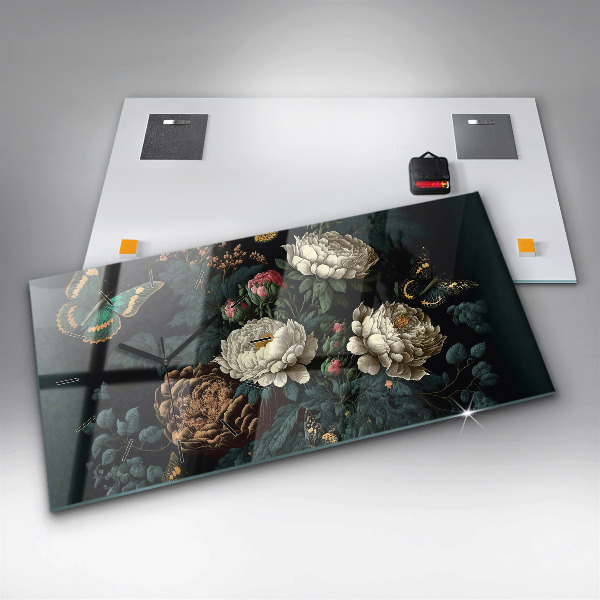 Zegar szklany poziomy Kwiat i złote motyle