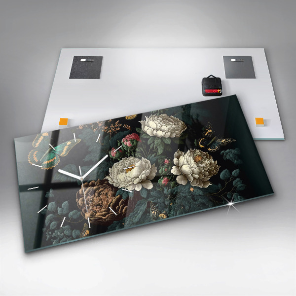 Zegar szklany poziomy Kwiat i złote motyle