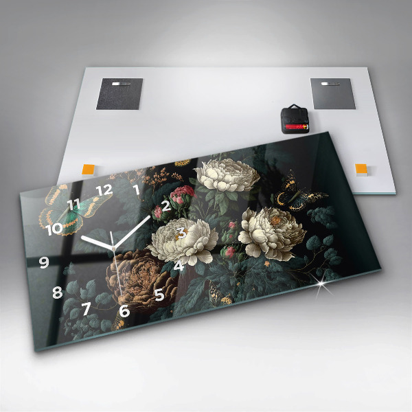 Zegar szklany poziomy Kwiat i złote motyle