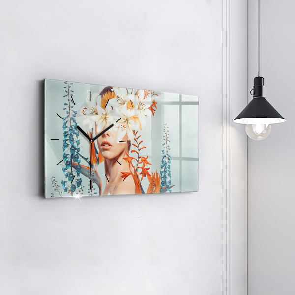 Zegar szklany poziomy Kobieta z kwiatami
