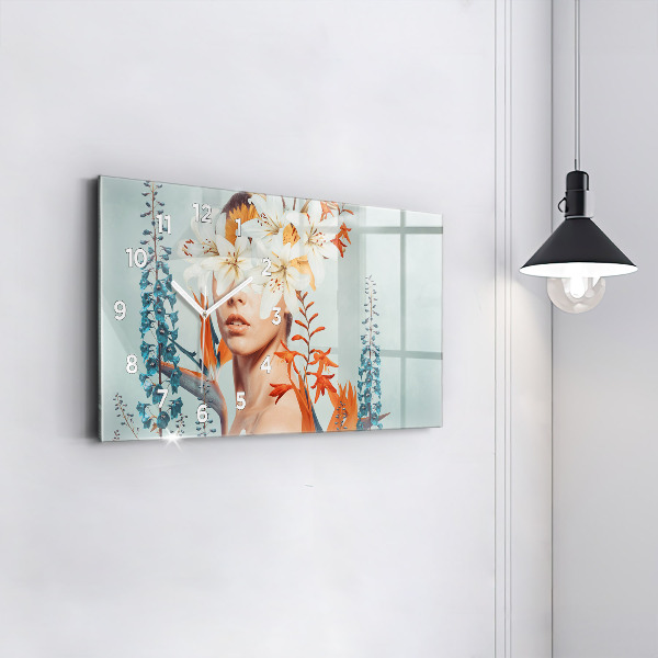 Zegar szklany poziomy Kobieta z kwiatami