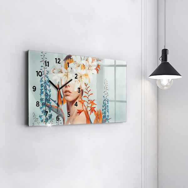 Zegar szklany poziomy Kobieta z kwiatami