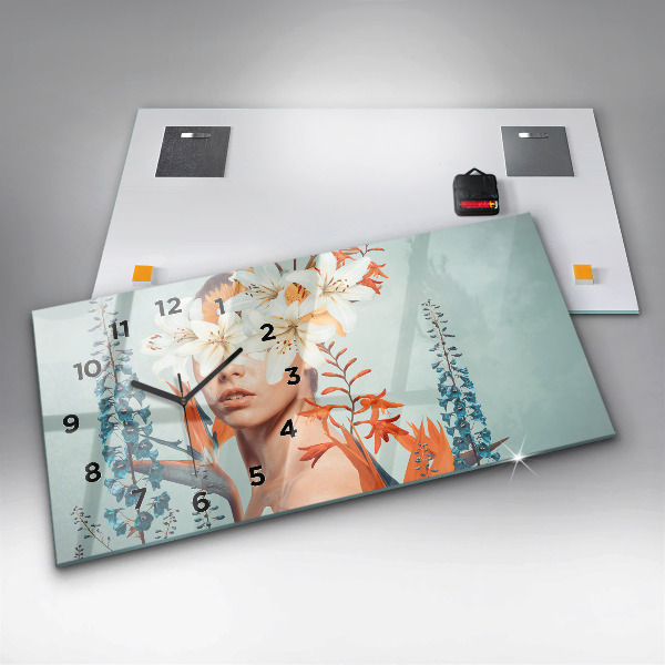 Zegar szklany poziomy Kobieta z kwiatami