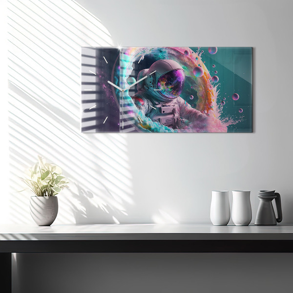 Zegar szklany poziomy Kosmonauta kolorowe obłoki