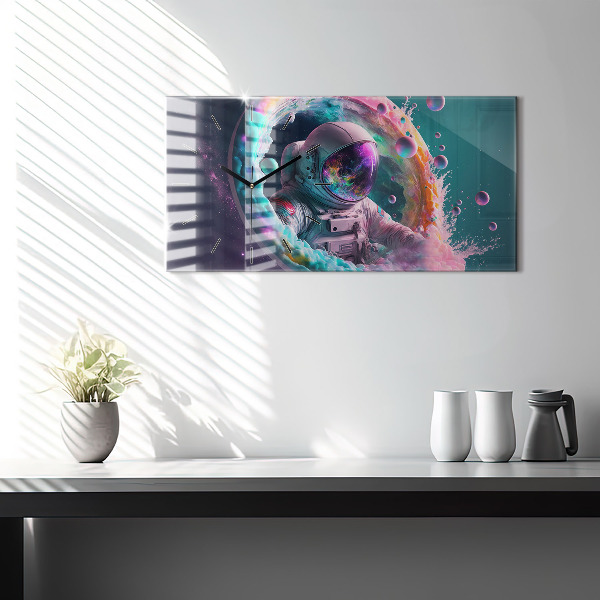 Zegar szklany poziomy Kosmonauta kolorowe obłoki