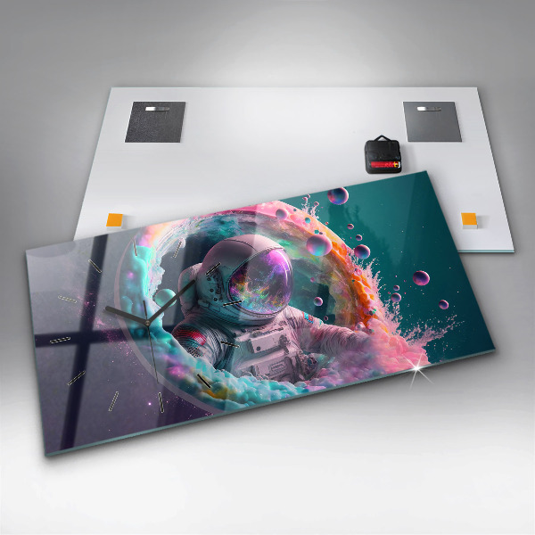 Zegar szklany poziomy Kosmonauta kolorowe obłoki