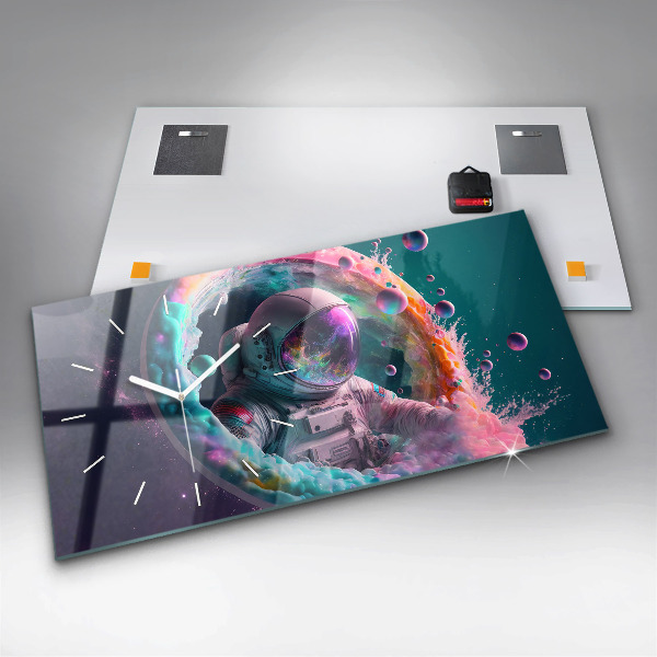 Zegar szklany poziomy Kosmonauta kolorowe obłoki