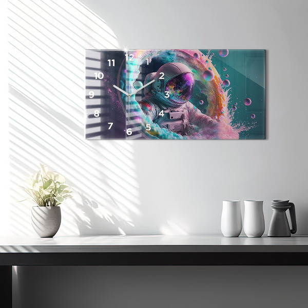 Zegar szklany poziomy Kosmonauta kolorowe obłoki