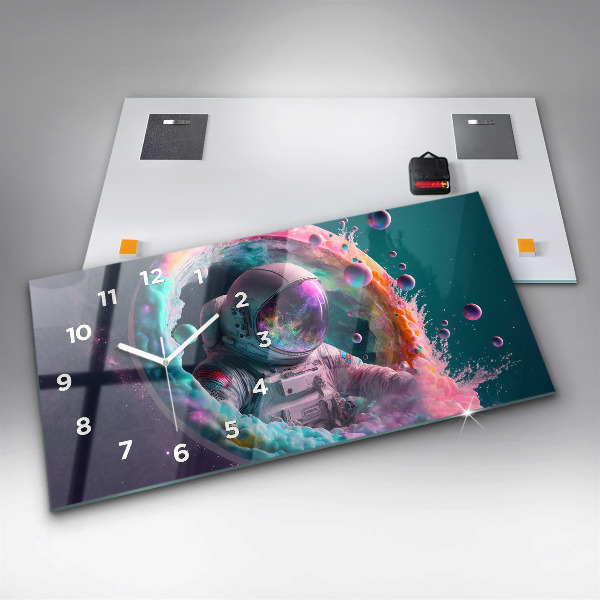 Zegar szklany poziomy Kosmonauta kolorowe obłoki