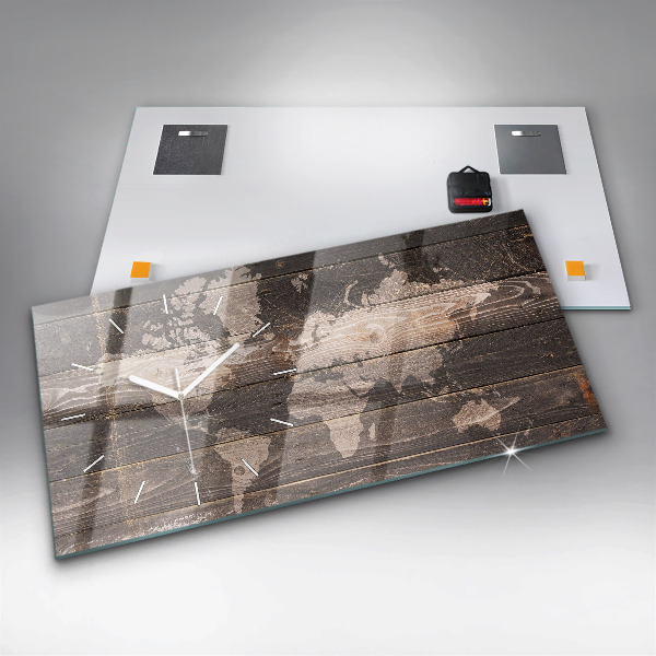 Zegar szklany poziomy Mapa świata na drewnie