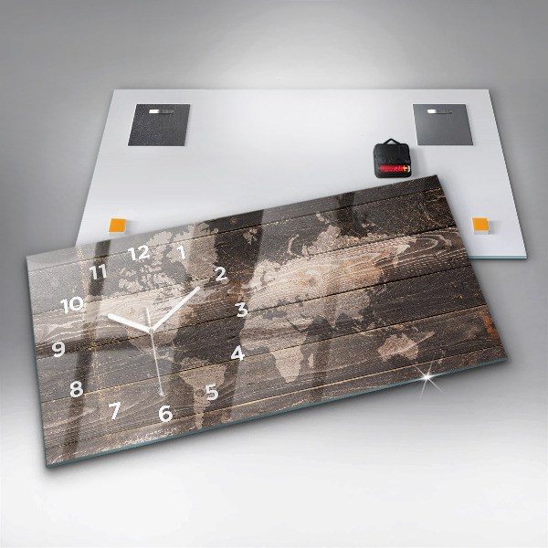 Zegar szklany poziomy Mapa świata na drewnie