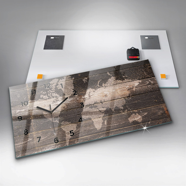 Zegar szklany poziomy Mapa świata na drewnie