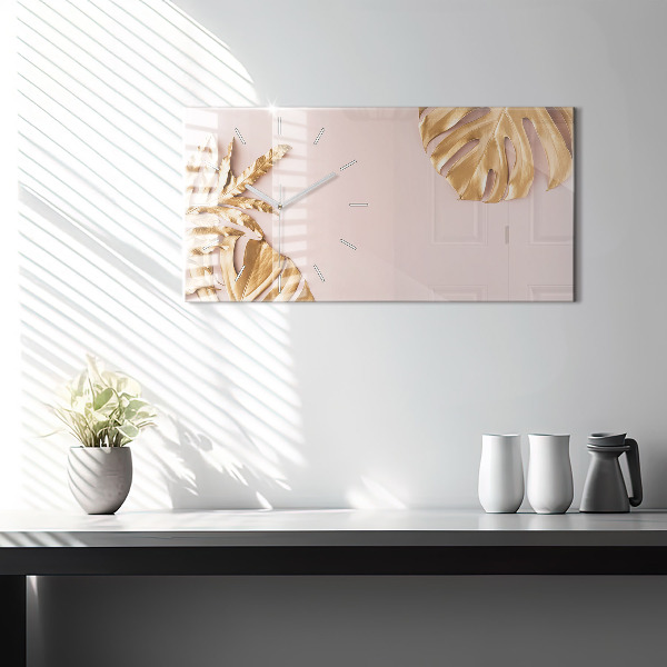 Zegar szklany poziomy Złote liście tropikalne