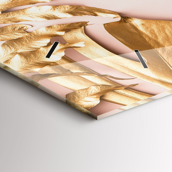 Zegar szklany poziomy Złote liście tropikalne