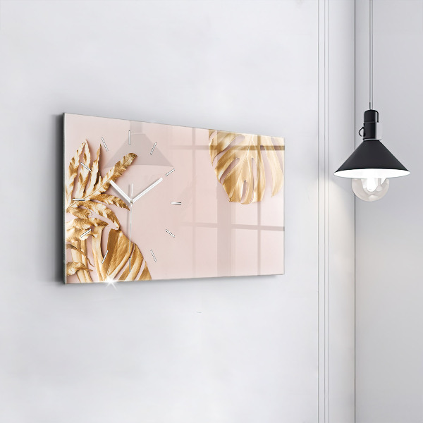 Zegar szklany poziomy Złote liście tropikalne